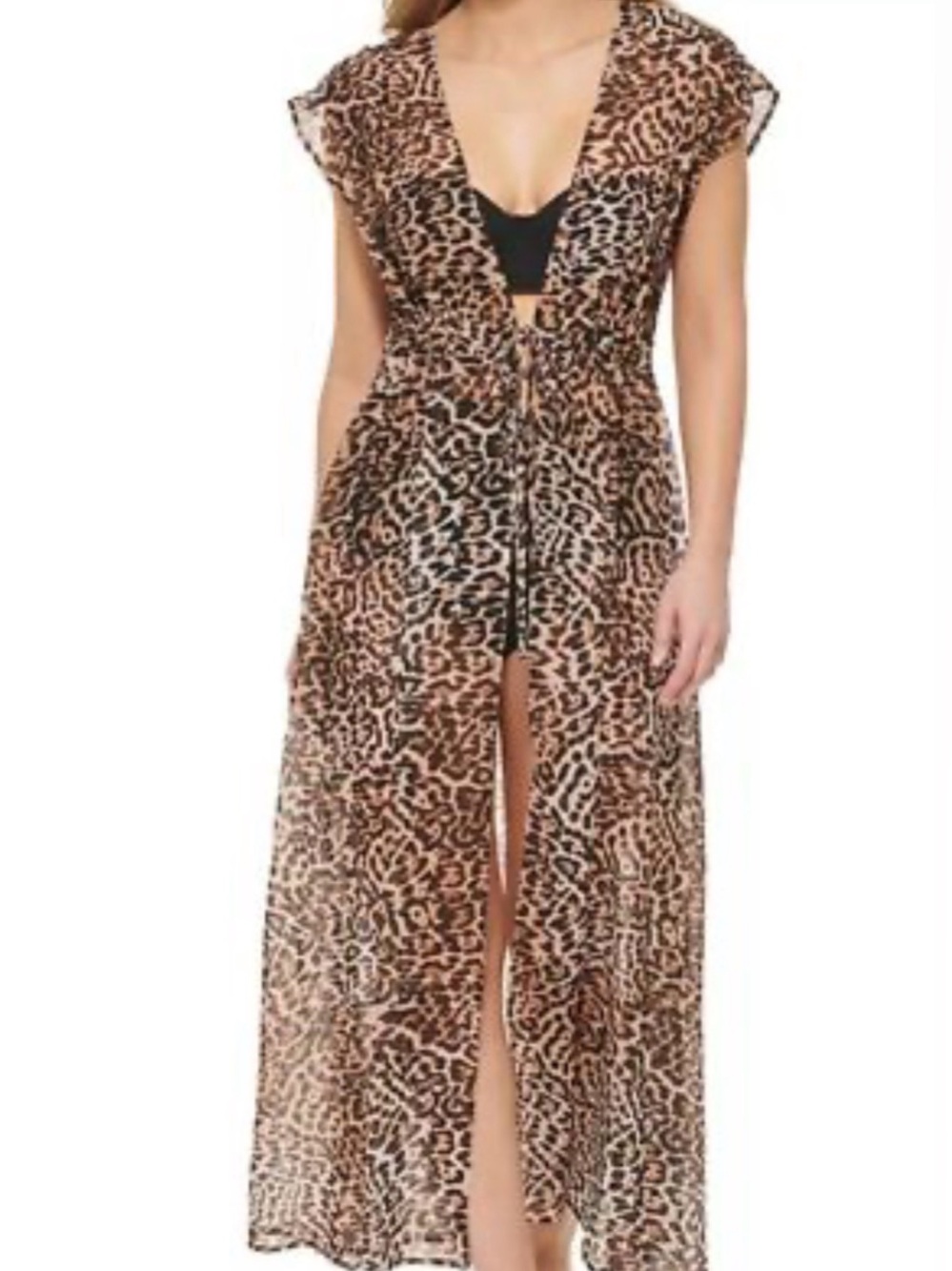 Calvin Klein leopard print maxi swim cover-up features v-neckline and tie-front